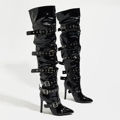 Liyke Punk Style Women Buckle Belt Strap Over The Knee Boots Fashion Zipper Thigh High Shoes Pointed Toe Party Strippers Heels