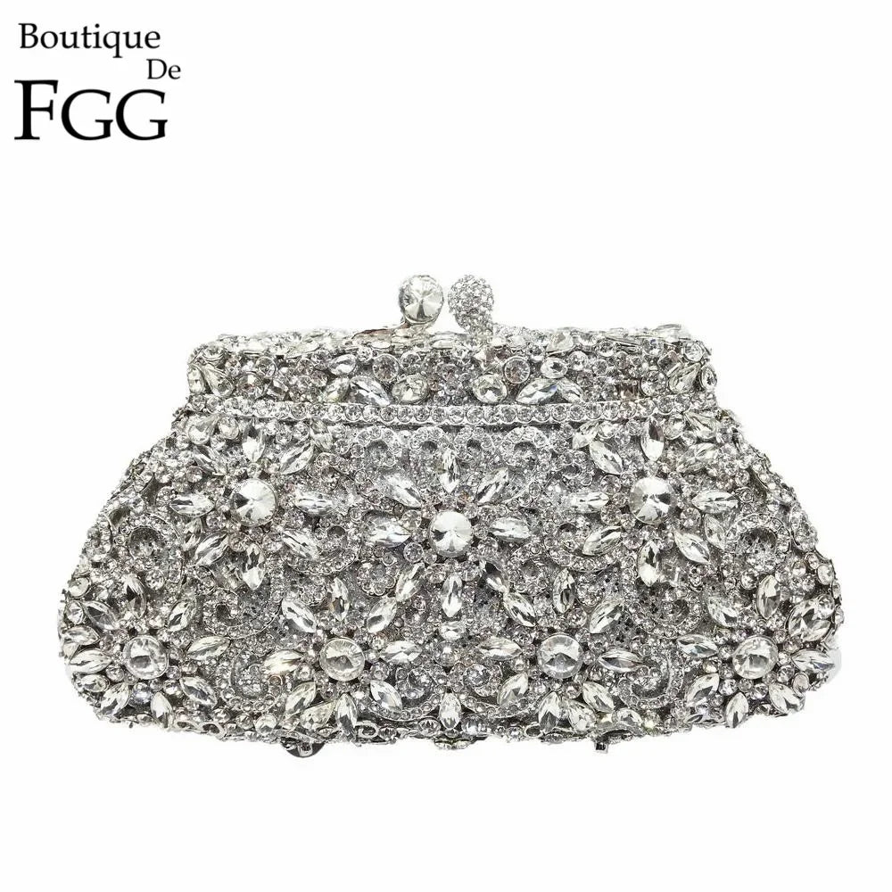 Boutique De FGG (in stock) Flower Crown Clutch Silver Crystal Evening Handbag Women Party Prom Bag Bridal Clutches Wedding Purse - Kimlud