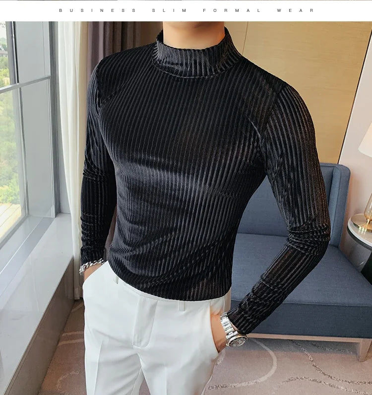 New Gold Velvet T Shirt Men Clothing Fashion Trend Male Luxury Prom Party Long-sleeved Striped Pullover Tops Homme - Kimlud