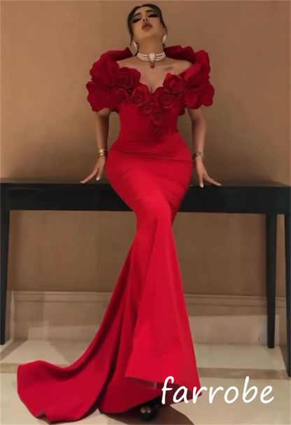 Customized High Quality Jersey Flower Pleat Trumpet Off-the-shoulder Long Dresses Bespoke Occasion Matching
