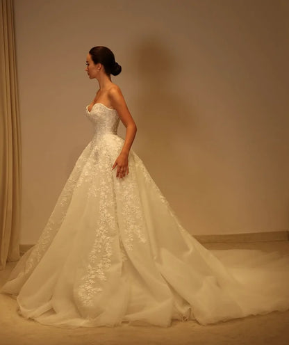 Arabic Applique Wedding Dresses Florals Gorgeous Bridal Gowns Beading Custom Made Bridal Dress Lace Up Back Pleated Draped - Kimlud