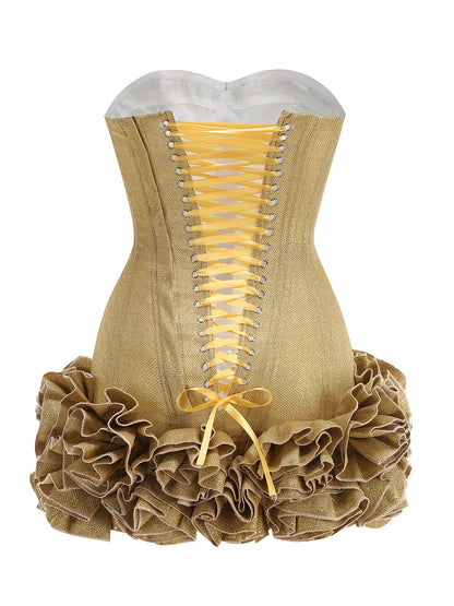 Stereoscopic Flowers Back Laceing Strapless Solid Bandage Mini Evening Dress Sweet Woman Birthday Party Patchwork Lace Up Dress