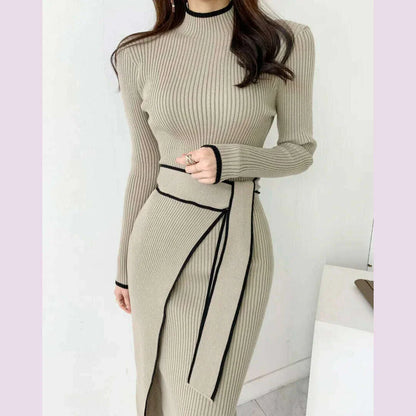 Elegant Stand Collar Contrast Bandage Long Sleeve Women Knitted Dress Autumn Korean Fashion Casual Knit Bodycondresses Vestidos