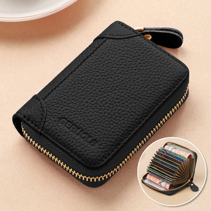 GERUOLA Top-Grain Cowhide RFID-Protected Card Holder Zipper Credit Card Organizer with Multiple Slots ID And Coin Pouch