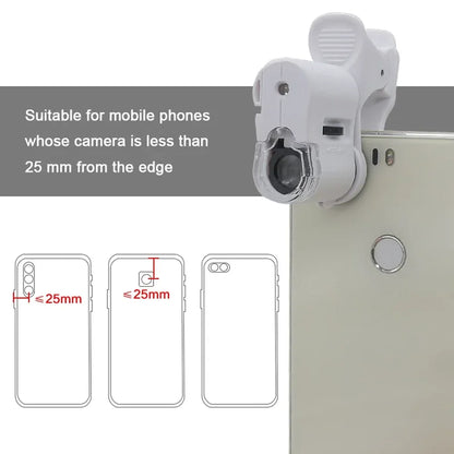 Universal Clip Microscope LED Jewelry Magnifying Glass Focusing Adjusted Pocket Microscope with Cell Phone Clip UV Light 60X
