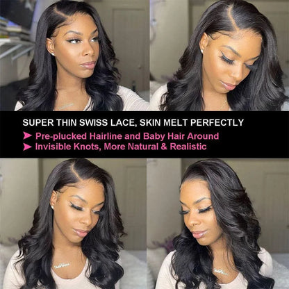 180% Density Natural Black Body Wave Human Hair Wigs HD Transparent Lace Frontal Wig Pre-Plucked Bleached Knots Lace...