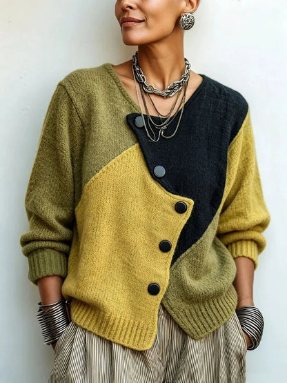 Women Patchwork Knit Cardigan Asymmetric Button Long Sleeve Loose Sweater Coat Retro Casual Autumn Winter Female...