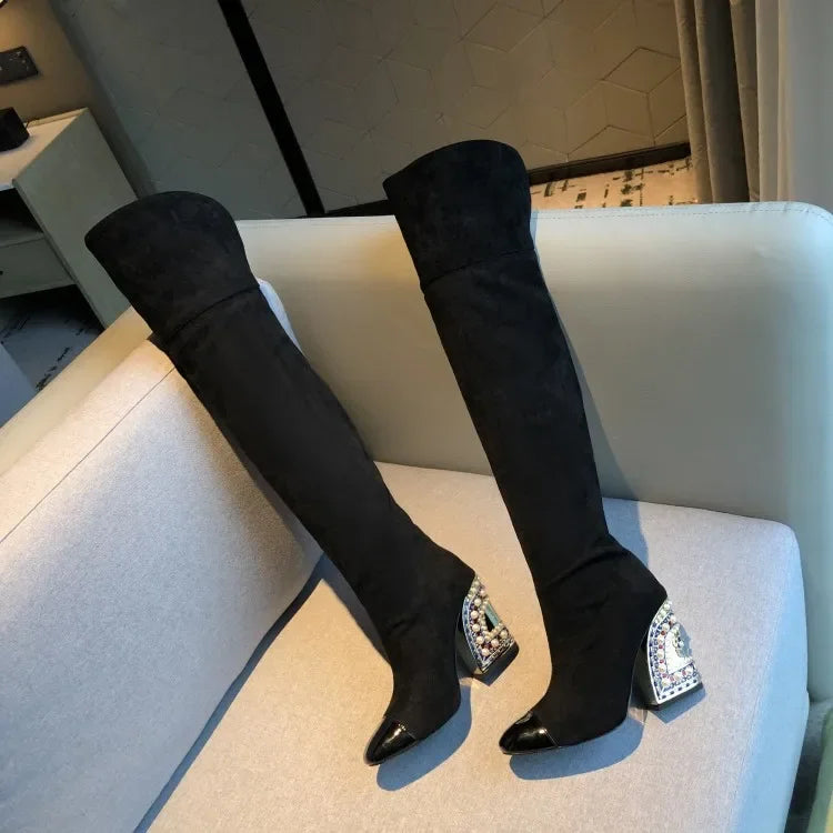 Colored Rhinestone Cowhide Mid Tube/knee Length Boots Thick Heeled Square Toe Black Gold Runway Runway Performance High Heels
