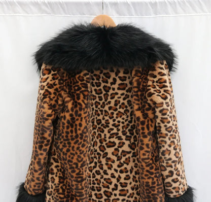 Women's leopard-print fur coat Long mink coat fox fur large fur collar winter trench coat loose and large size