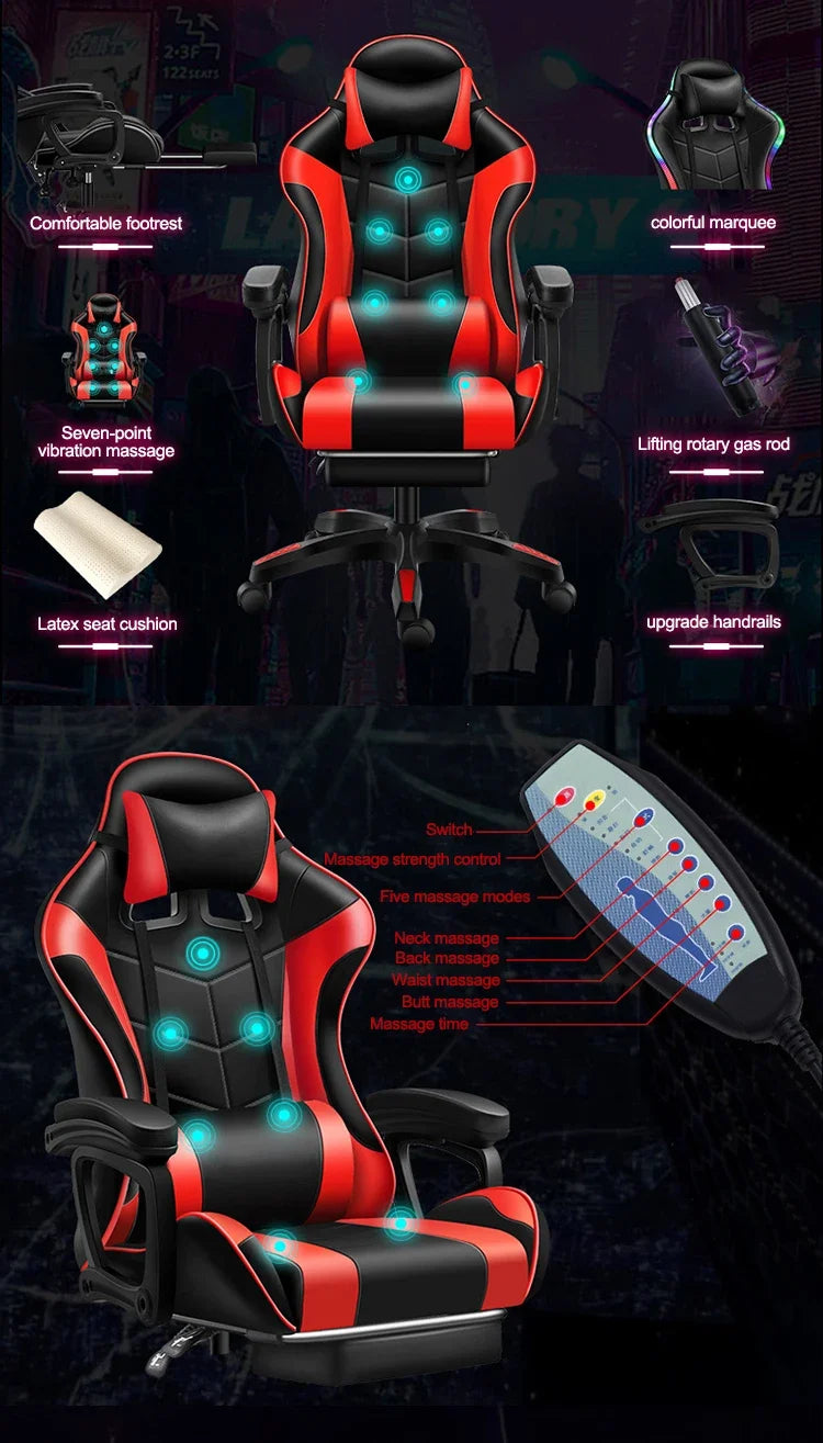 2025Computer PC Game Chair Gaming Pu Leather Silla Gamer Massage Racing Gaming Chair With Lights And Speakershigh Quality
