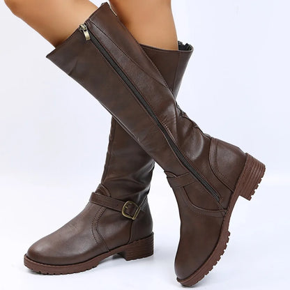 2025 New Women's Spring/Autumn Leather Boots-Knee-High Riding Boots with Zip Low Heel Perfect for Daily Commute& Weekend Outings