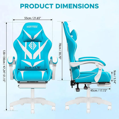 Light Blue & White Kids Massage Gaming Chair - Reclining PC Chair with Footrest, Lumbar Support & Headrest for Gaming Room