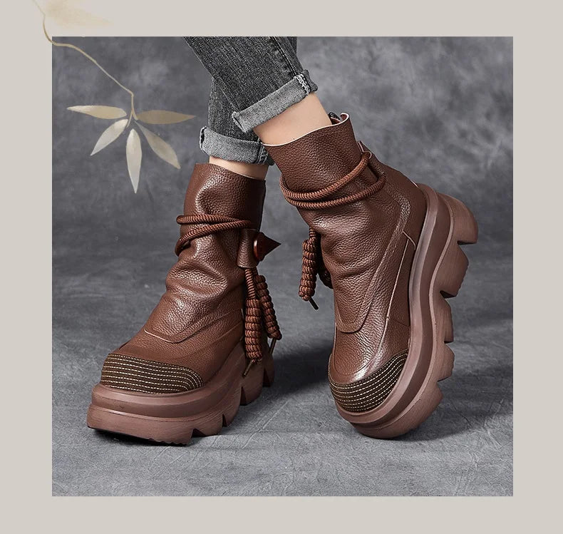 DRKANOL Fashion Thick Bottom Retro boots Women Autumn Winter Thick Plush Warm Platform Wedges Heel Back Zipper Ankle Boots Lady