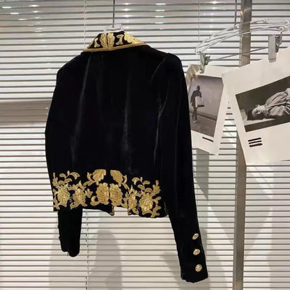 Retro Floral Embroidered Suits Jacket 2024 Autumn Winter New Turn Down Collar Black Velvet Blazer Coat Fashion Cardigan Tops