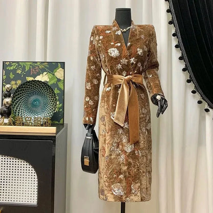 BESTBAFU Luxury Sequin Party Jacket Women Chinese Style Retro Embroidered Velvet Coat Winter v-Neck Belt Long Outerwears 261F