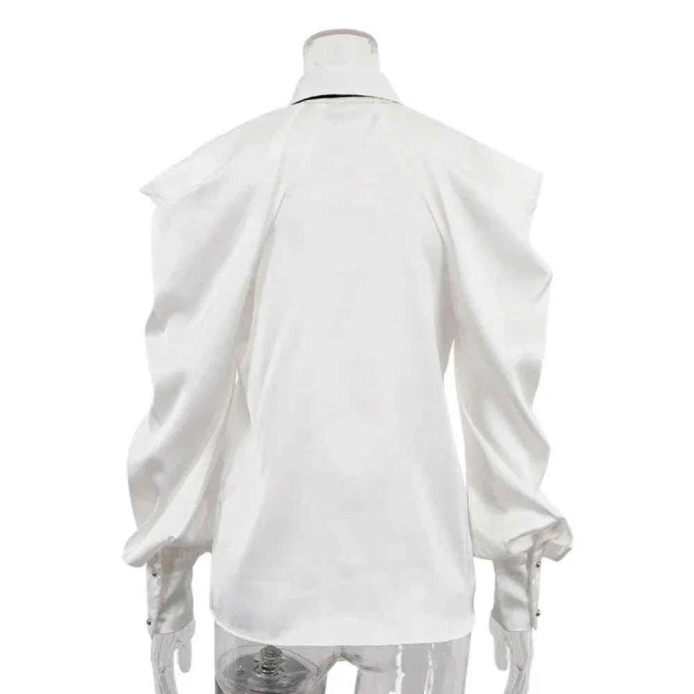TWOTWINSTYLE Solid Loose Spliced Hollow Out Blouse for Women Lapel Long Sleeve Patchwork Single Breasted Top Female Clothing New