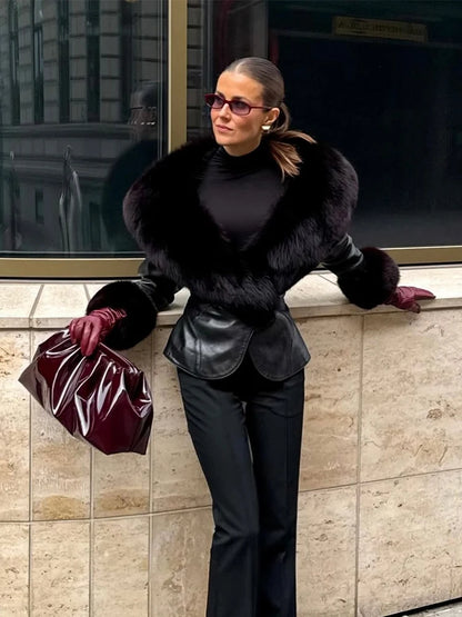 Black Faux Fur Collar Leather Jacket Elegant Lapel V-neck Waist Cinching Long-sleeved Short Coats Lady Winter Commute Coat 2025