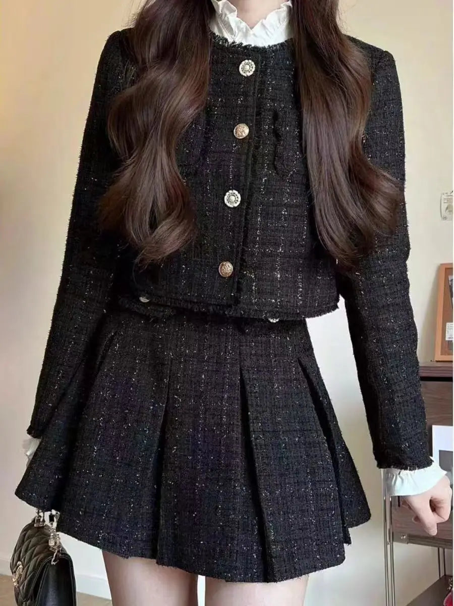 Spring and Autumn High end Slim Fit Short Tweed Coat High Wasit A-line Mini Skirts Set Sweet Black Two Piece Sets Women Outfits