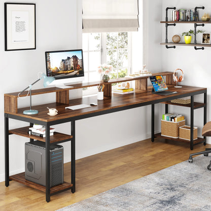 Tribesigns 78.74 Inches Extra Long Two-Person Desk, Double Computer Desk with Monitor Stand and Storage Shelves, Work Table