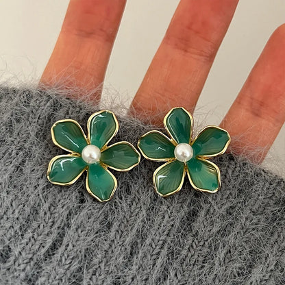 HUANZHI Enamel Pink Flower Stud Earring Irregular Petal Vintage Drip Oil Elegant Sweet Jewerly Gift for Women Girls