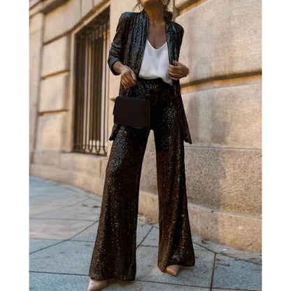 All Over Sequins Long Sleeve Coat Top & Wide Leg Pants Set For Women Korean Style Femme Tow Pieces Set Elegant Wear
