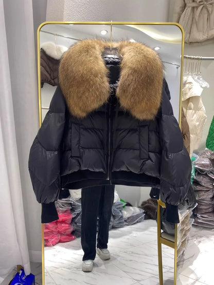 2023 Detachable Winter Jacket Women Real Natural Big Raccoon Fur Collar Thick Warm Duck Down Loose Oversize Outerwear Streetwear