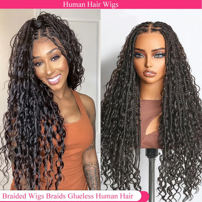 Knotless Boho Braids HD 13x6 Lace Frontal Human Hair Wig Braided Wigs Glueless Raw Human Hair Wigs Boho Braided Hair Wig