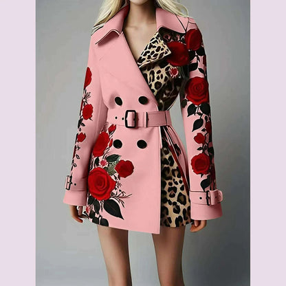 New Women's Spring Rose Leopard Print Suits Spring Office Elegant Slim Long Sleeve Coats Clothing With Belt For Women 2025 White
