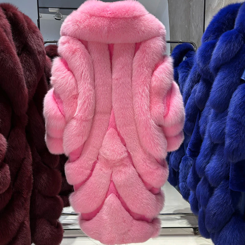YOLOAgain 2025 Winter Warm Luxury Real Fox Fur Coat Women Pink Fox Fur Jacket Long