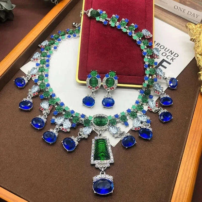 High-End Feel Blue Gemstone Choker Necklace Earrings Suit Fashionable Lockbone Chain Jewelry Set For Special Occasions