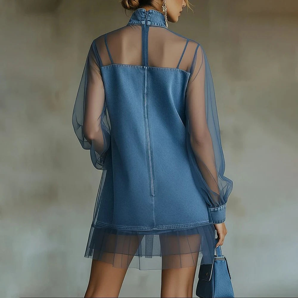 Women's Denim Mesh Patchwork Mini Dress Blue Vintage High Neck Sheer Long Sleeve Ruffle Hem Mesh Sheer Casual Streetwear Dresses - Kimlud