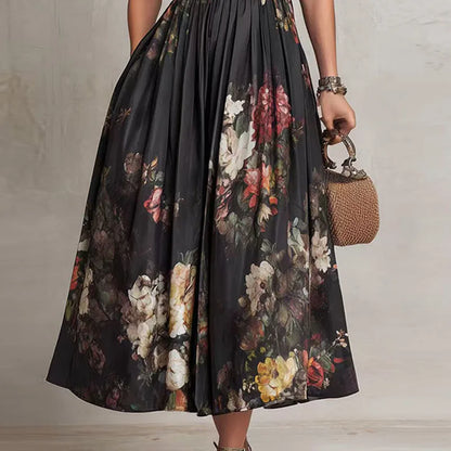 Summer Hot Sleeveless Hollow Evening Dress Woman Mandarin Collar High Waist Pleated Dress Spring Floral Print Satin Long Dresses - Kimlud