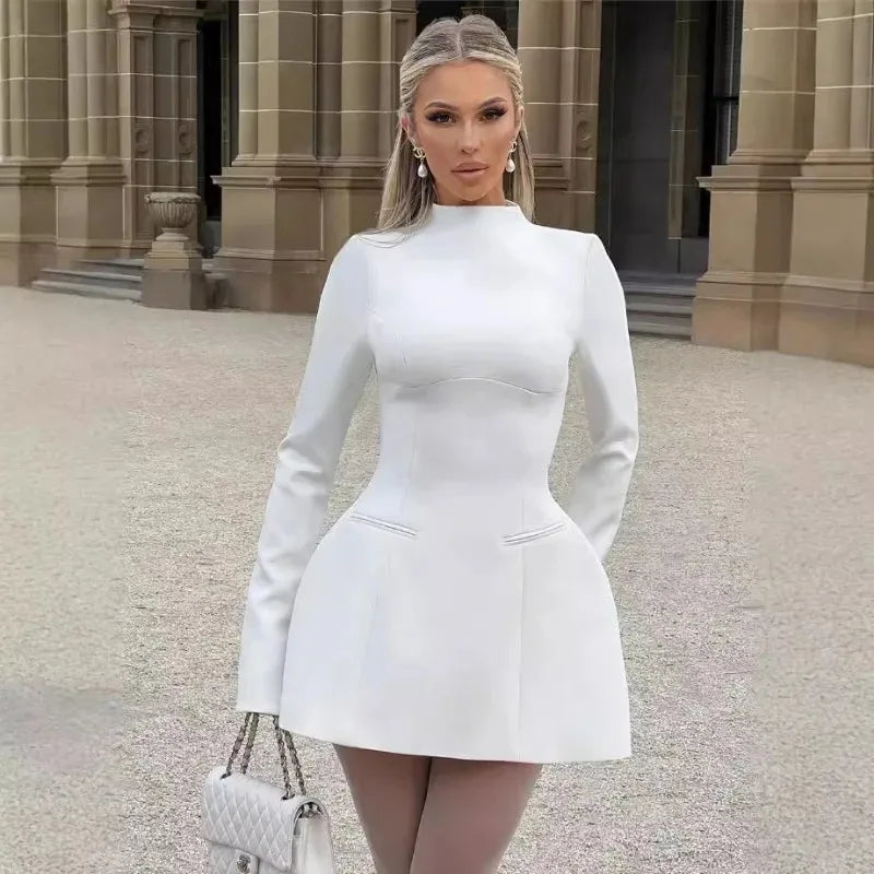 Women High Waist A-line Party Birthday Club Dresses Spring Autumn Black White Dress Luxury Long Sleeves Backless Sexy Mini Dress - Kimlud