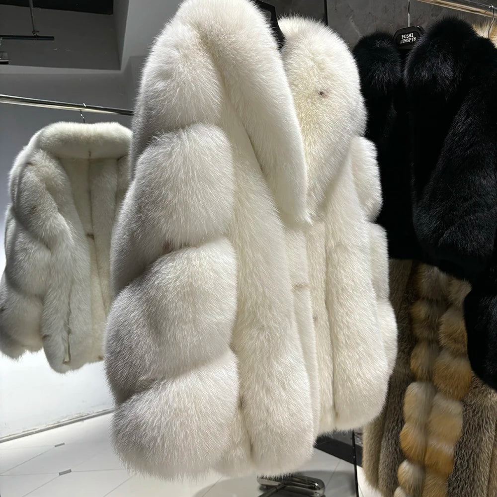 YOLOAgain Women's Luxury White Fox Fur Coat 2024 Winter Warm Real Fox Fur Jacket