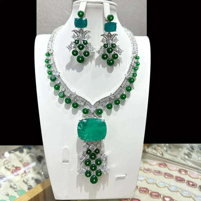 GODKI Trendy 2PCS Luxury Blue Green Zircon Statement Jewelry Set For Women Wedding Indian African Dubai Bridal Necklace