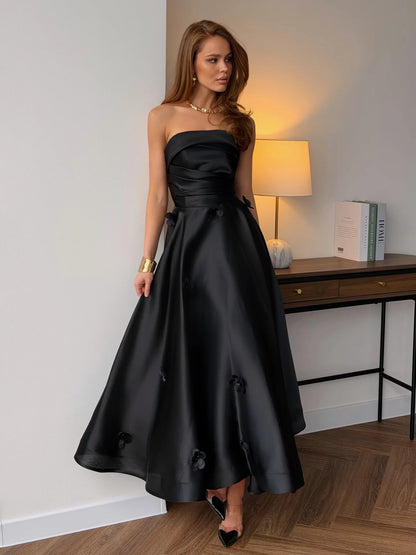 Ofherown 2026 Strapless Satin Evening Dress Prom Gown A Line Formal Party Dress With 3D Flower Appliques