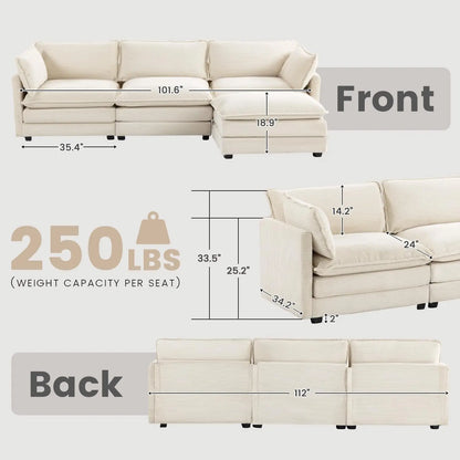 Sectional Sofa with MovableOttoman, 112 Inch 4 Seat Modern Corduroy Sofa Set, ConvertibleL | Kimlud Luxury Chair