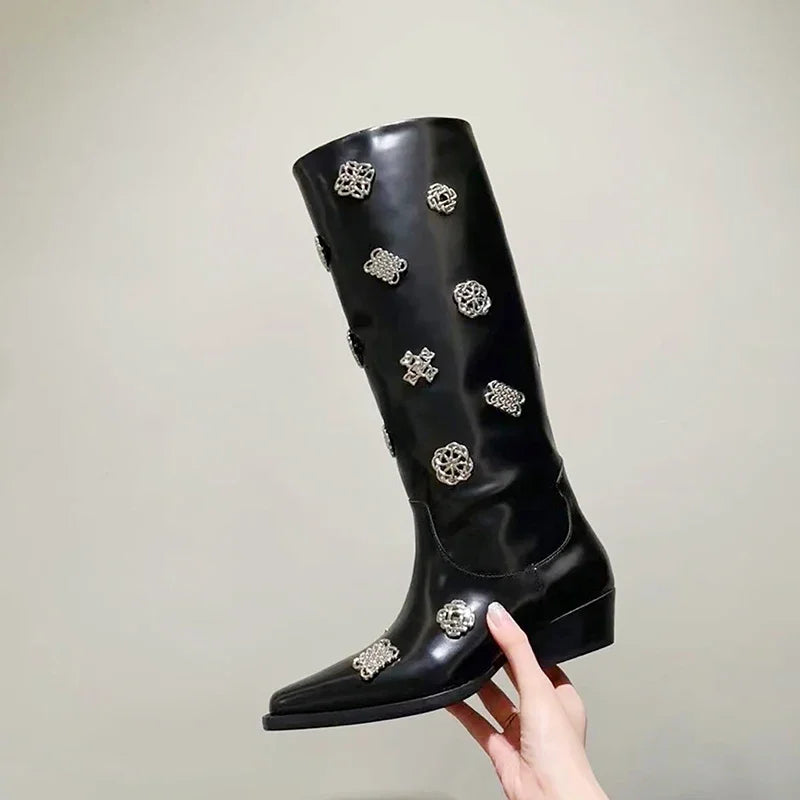 Square Toe Metal Decoration Block Heel Knee-High Boots Woman Winter 2025 New In Black Slip-On Boots Fashion Shoes for Women