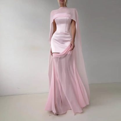 Pink Formal Dress with Cloak Backless Custom Made Sexy Prom Gowns See Through Chiffon Spaghetti New Couture Long Prom Dresses - Kimlud