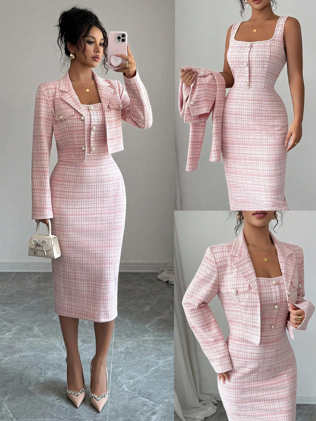 2026 European and American Two-Piece Dress Set with Reversible Collar, Long Sleeves, Short Length, Check Pattern Jacket, and Pet