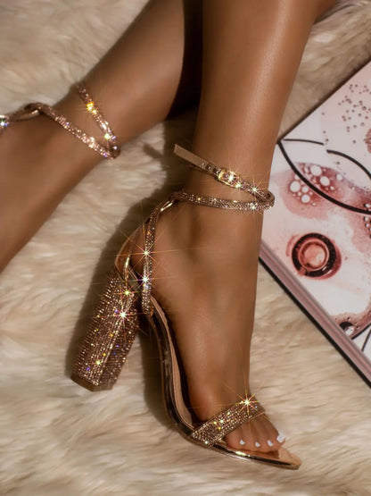2023 New Bling Rhinestone Sandals for Women Thick High Heels Buckle Strap Heels Sexy Elegant Ladies Party Shoes Plus Size 42 - Kimlud