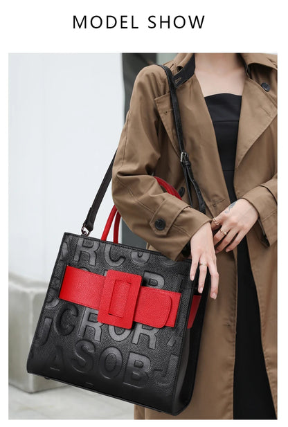 Aidrani  Fashionable women's large capacity handbag with letter print design, made of cowhide material, square, black