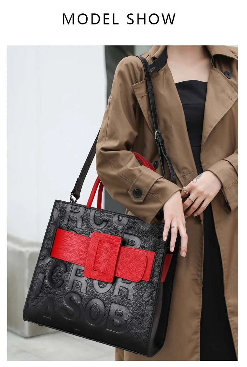 Aidrani  Fashionable women's large capacity handbag with letter print design, made of cowhide material, square, black