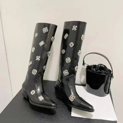 Square Toe Metal Decoration Block Heel Knee-High Boots Woman Winter 2025 New In Black Slip-On Boots Fashion Shoes for Women