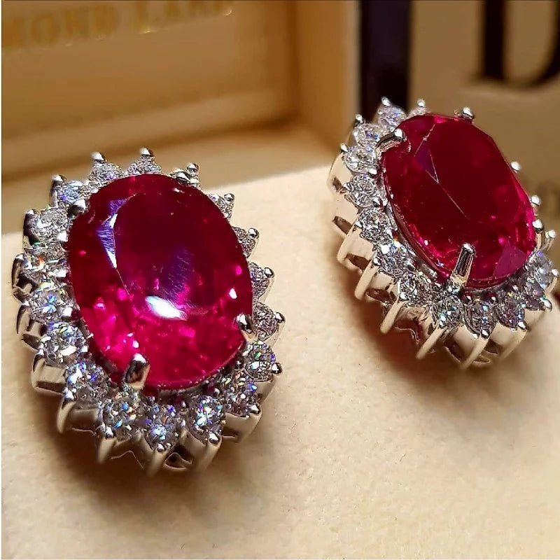 Delicate Silver Color Oval Inlaid Red White Cubic Zirconia Stud Earrings for Women Fashion Engagement Wedding Earrings...