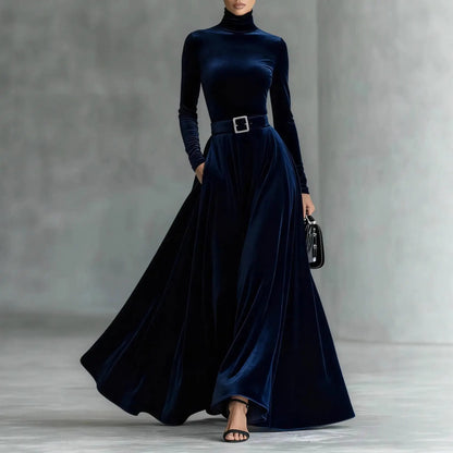 Velvet High Collar Base Dr Evening Gown mid Waist Long Skirt Ci Commute Sle Autumn Season Women's Faion Single Piece |...
