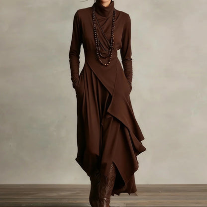 Spring Autumn Long Sleeve Solid Party Dress, Women Holiday Turtleneck Simple Irregular Dress, New Fashion Patchwork Ladies Dress