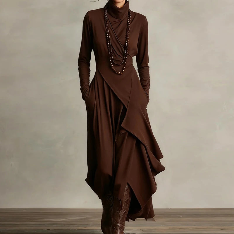 Spring Autumn Long Sleeve Solid Party Dress, Women Holiday Turtleneck Simple Irregular Dress, New Fashion Patchwork Ladies Dress