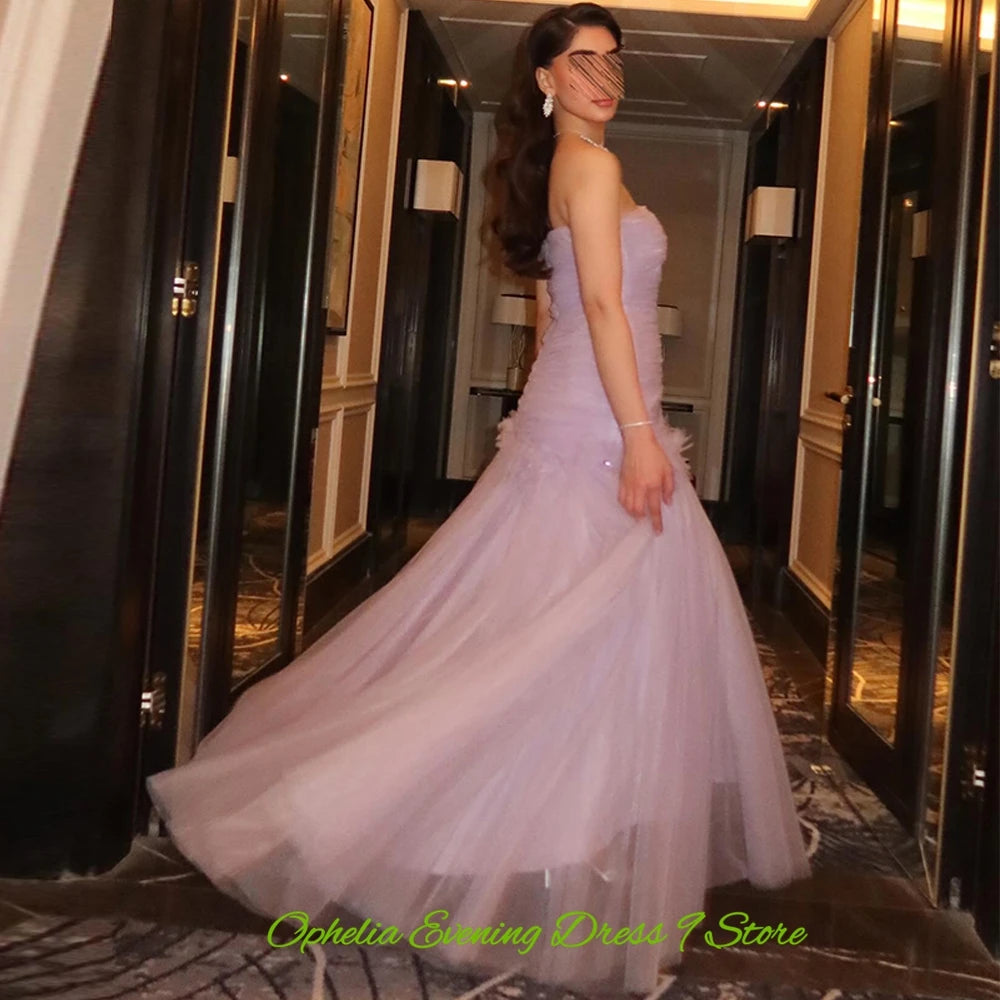 Classic Tulle Evening Dress Graceful Strapless Prom Dresses Fashion Crystal and Flowers Customized Special Occasion Gowns