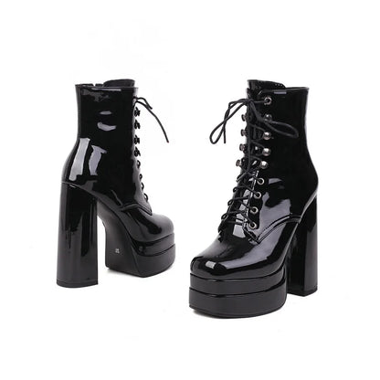 2022 Winter Women Ankle Boots Platform Square High Heel Ladies Ankle Boots Patent PU Leather Cross Tied Women's Shoes Big Size